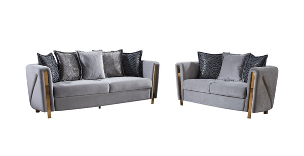 English Elm Thick Velvet Fabric Living Room Set - Luxurious Gray Upholstered Sofa & Loveseat With Gold Accents B009S01285-GIGA
