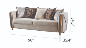 English Elm Chanelle Luxurious Beige Velvet Sofa with Gold-Finish Solid Wood Frame — Elegant 3-Seater Comfort B009P153970