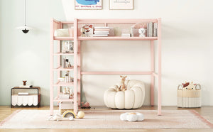 English Elm Full Size Metal Loft Bed with 4-tier Shelving Ladder for Kids or Teen Rooms Pink SF000247AAH