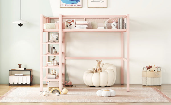 English Elm Full Size Metal Loft Bed with 4-tier Shelving Ladder for Kids or Teen Rooms Pink SF000247AAH