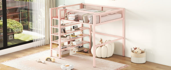 English Elm Full Size Metal Loft Bed with 4-tier Shelving Ladder for Kids or Teen Rooms Pink SF000247AAH