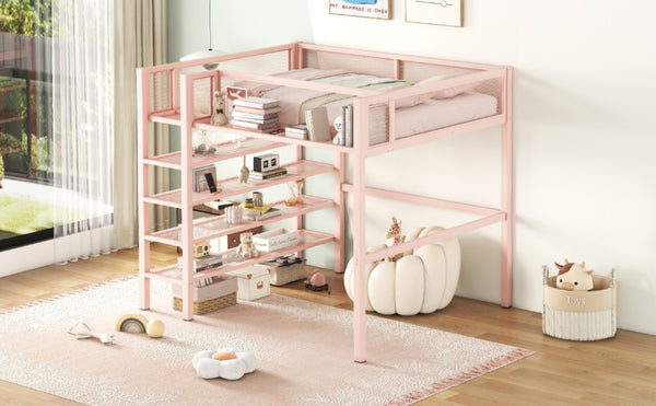 English Elm Full Size Metal Loft Bed with 4-tier Shelving Ladder for Kids or Teen Rooms Pink SF000247AAH