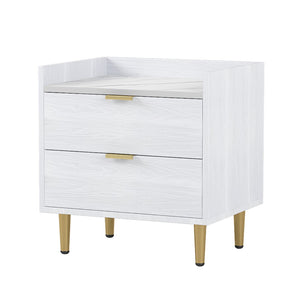 English Elm Wooden Nightstand With 2 Drawers and Marbling Worktop, Mordern Wood Bedside Table With Metal Legs&Handles,White