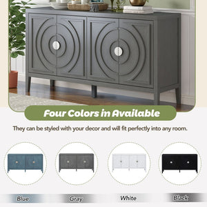 English Elm Trexm Vintage Four Door Sideboard Rubberwood Carved Panels Round Handles Dining Storage Gray WF307723AAE