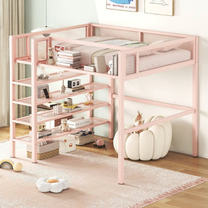 English Elm Full Size Metal Loft Bed with 4-tier Shelving Ladder for Kids or Teen Rooms Pink SF000247AAH