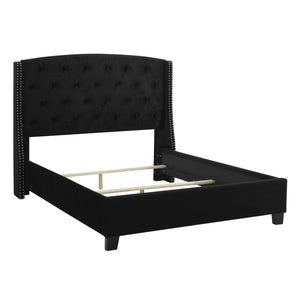 English Elm 1pc Queen Eva Upholstered Button-Tufted Demi-Wing Bed with Nailhead Trim, Vintage Black Wood Frame B011S00686