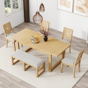 Hearth and Haven Topmax Modern 78Inch 6-Piece Extendable Dining Table Set, 4 Upholstered Dining Chairs and Dining Bench, 18" Butterfly Leaf SP000039AAD