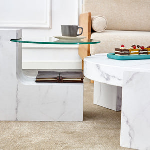 English Elm A marble textured MDF coffee table with side table — white, scratch‑resistant, easy‑clean, modern design (33.46x13.78x33.66) W1151132018