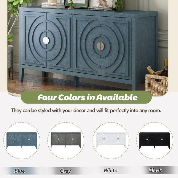 English Elm Trexm Vintage Four Door Sideboard Rubberwood Carved Panels Round Handles Dining Storage Antique Blue WF307723AAM