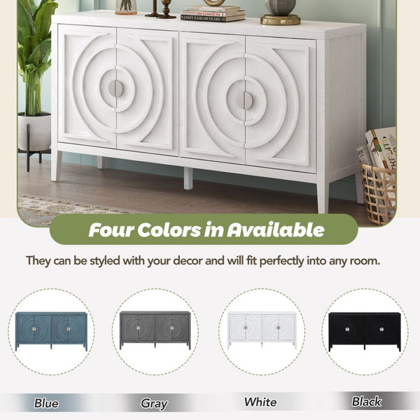 English Elm Trexm Vintage Four Door Sideboard Rubberwood Carved Panels Round Handles Dining Storage White WF307723AAK