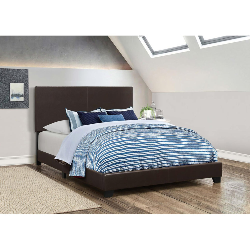 English Elm Brown Faux Leather Full Panel Bed Frame with Upholstered Headboard, Modern Brown Finish, Durable Hardwood Design B062P153562