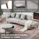 English Elm 107" Contemporary Sofa Stylish Sofa Couch With A Round Storage Ottoman and Three Removable Pillows For Living Room, Grey