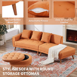 English Elm 107" Contemporary Sofa Stylish Sofa Couch With A Round Storage Ottoman and Three Removable Pillows For Living Room, Orange