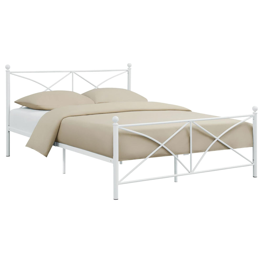 English Elm White Queen Platform Bed with Classic Poster Silhouette, Curved Cross-Brace, Sturdy 800lb Steel Frame B062P153553