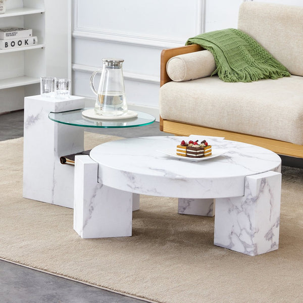English Elm A marble textured MDF coffee table with side table — white, scratch‑resistant, easy‑clean, modern design (33.46x13.78x33.66) W1151132018