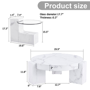 English Elm A marble textured MDF coffee table with side table — white, scratch‑resistant, easy‑clean, modern design (33.46x13.78x33.66) W1151132018