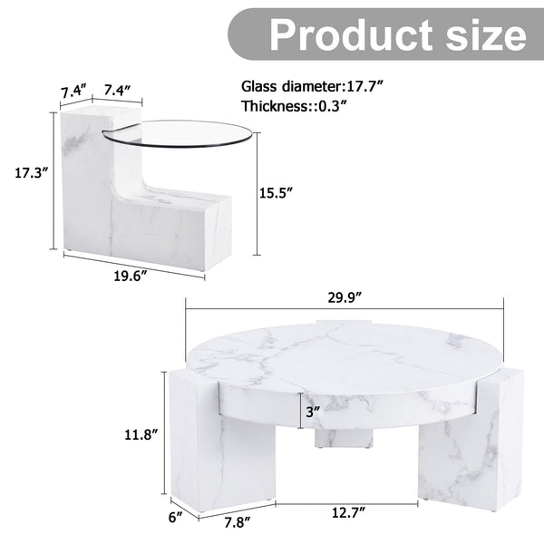 English Elm A marble textured MDF coffee table with side table — white, scratch‑resistant, easy‑clean, modern design (33.46x13.78x33.66) W1151132018