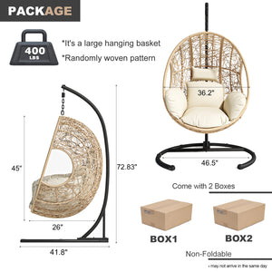 English Elm New Handcrafted Outdoor Indoor PE Wicker Swing Egg Chair with Plush Cushion and Sturdy Base for Patio Comfort Natural W400S00029
