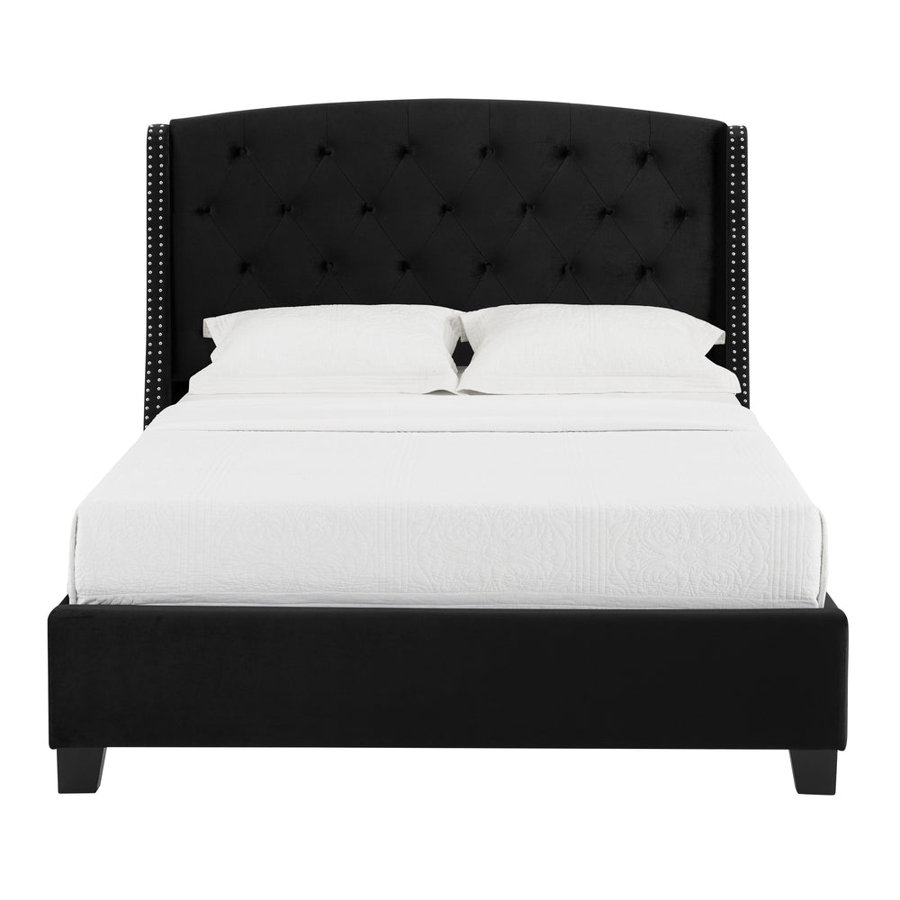 English Elm 1pc Queen Eva Upholstered Button-Tufted Demi-Wing Bed with Nailhead Trim, Vintage Black Wood Frame B011S00686