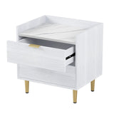 Hearth and Haven Wooden Nightstand with 2 Drawers and Marbling Worktop, Mordern Wood Bedside Table with Metal Legs&Handles, White WF315535AAK