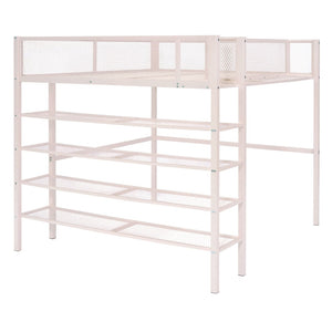 English Elm Full Size Metal Loft Bed with 4-tier Shelving Ladder for Kids or Teen Rooms Pink SF000247AAH
