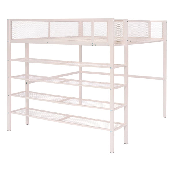 English Elm Full Size Metal Loft Bed with 4-tier Shelving Ladder for Kids or Teen Rooms Pink SF000247AAH