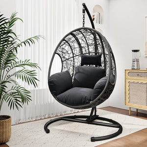 English Elm New Handcrafted Outdoor Indoor PE Wicker Swing Egg Chair with Plush Cushion and Sturdy Base for Patio Comfort Gray W400S00034