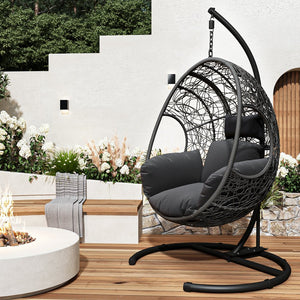 English Elm New Handcrafted Outdoor Indoor PE Wicker Swing Egg Chair with Plush Cushion and Sturdy Base for Patio Comfort Gray W400S00034