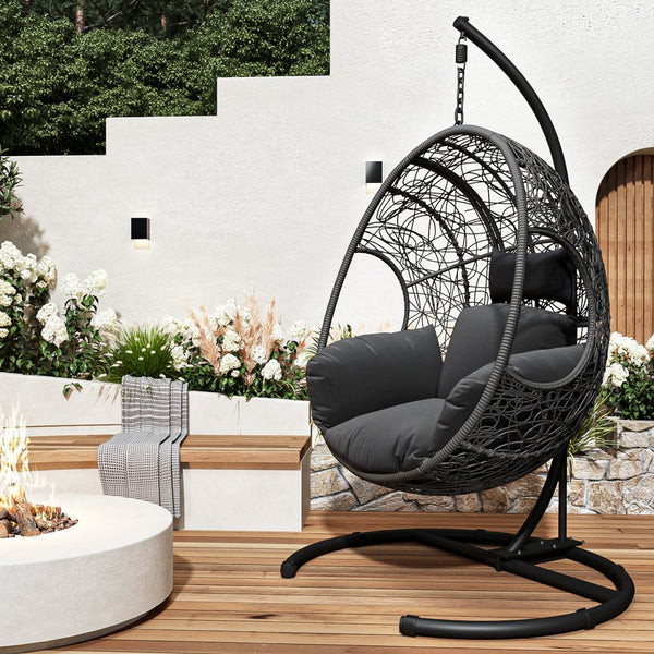 English Elm New Handcrafted Outdoor Indoor PE Wicker Swing Egg Chair with Plush Cushion and Sturdy Base for Patio Comfort Gray W400S00034
