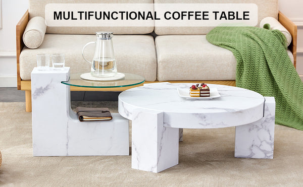 English Elm A marble textured MDF coffee table with side table — white, scratch‑resistant, easy‑clean, modern design (33.46x13.78x33.66) W1151132018