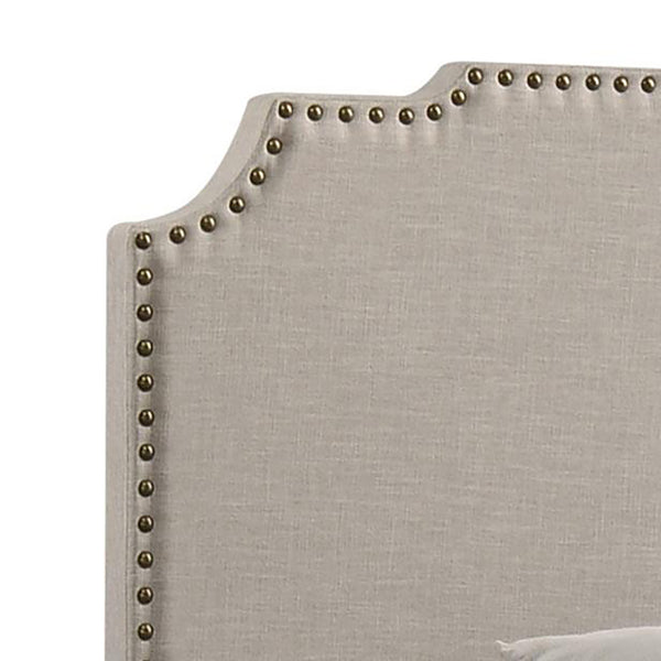 English Elm Beige Scalloped Upholstered Full Panel Bed with Nailhead Trim, Glam Transitional Design, 81.5" L B062P153559