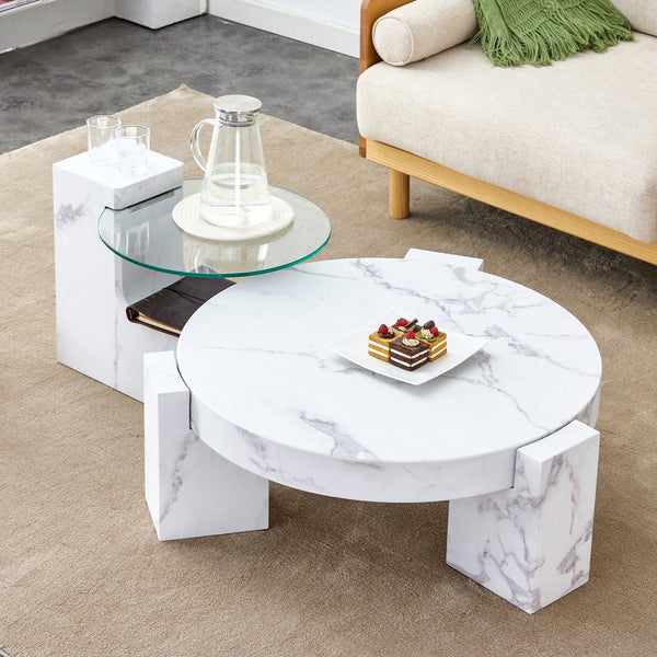 English Elm A marble textured MDF coffee table with side table — white, scratch‑resistant, easy‑clean, modern design (33.46x13.78x33.66) W1151132018