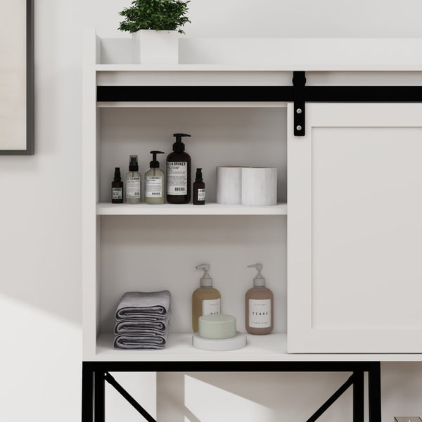 English Elm Farmhouse Buffet Sideboard with 3 Drawers and Doors White Dining Storage Cabinet W282138090