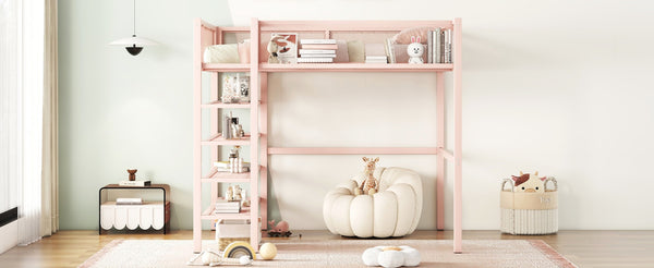 English Elm Full Size Metal Loft Bed with 4-tier Shelving Ladder for Kids or Teen Rooms Pink SF000247AAH