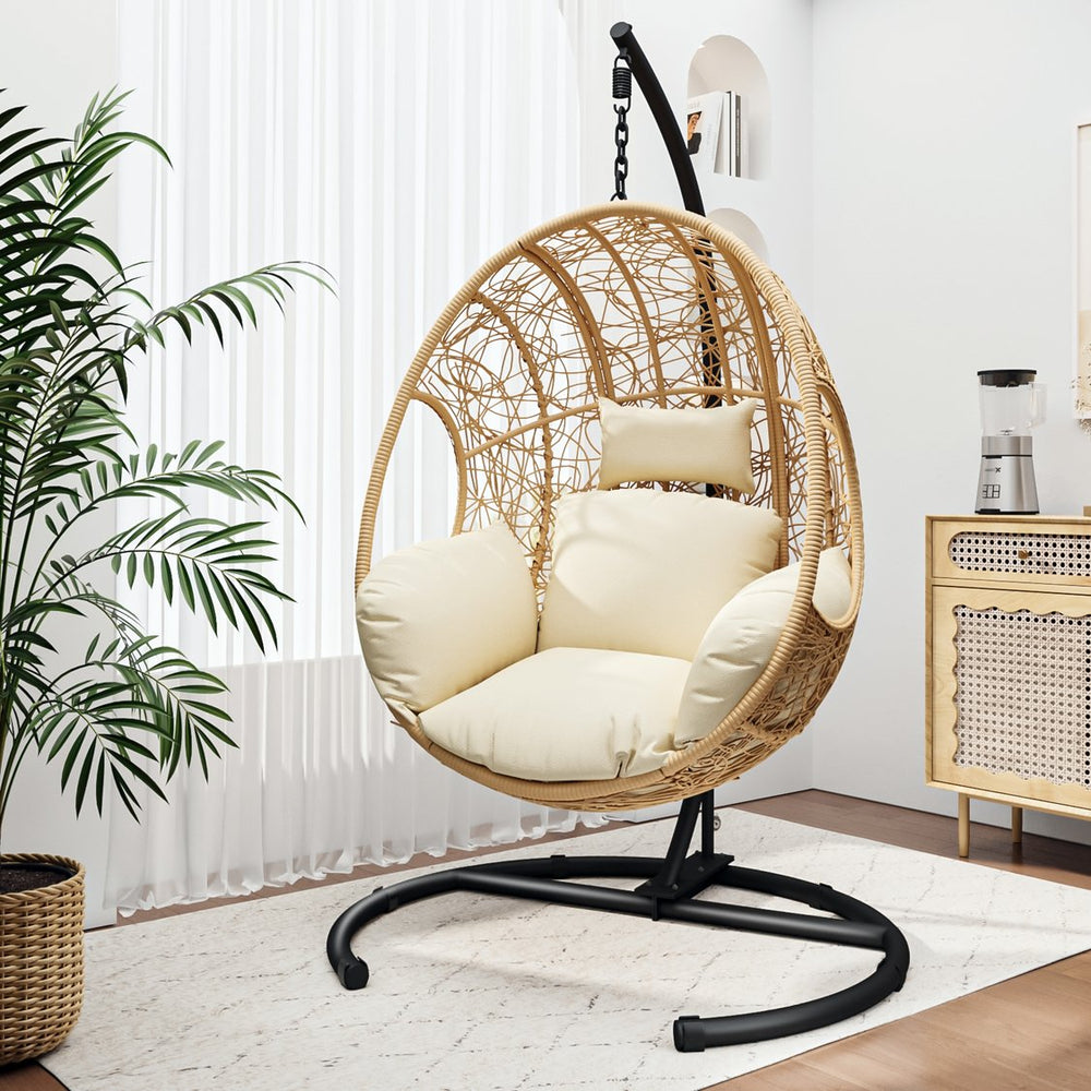 English Elm New Handcrafted Outdoor Indoor PE Wicker Swing Egg Chair with Plush Cushion and Sturdy Base for Patio Comfort Natural W400S00029