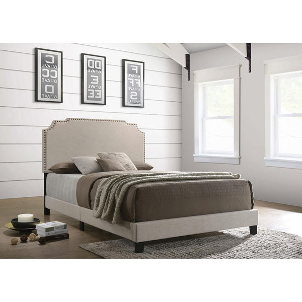 English Elm Beige Scalloped Upholstered Full Panel Bed with Nailhead Trim, Glam Transitional Design, 81.5" L B062P153559