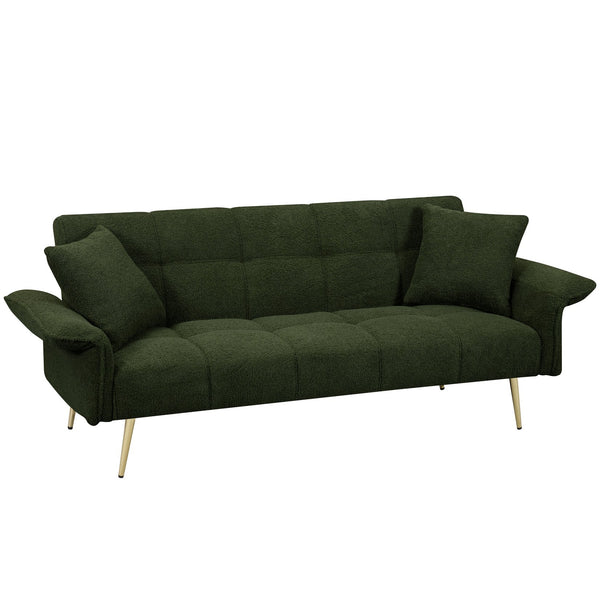 English Elm 70.1 Futon Sofa Bed Convertible Double with Folding Armrests Teddy Velvet Upholstered Multi-Use Comfort Green W2290P147466