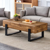 American Vintage MDF Coffee Table with Solid Wood Drawers, Black Metal Legs. Space-Saving Storage for Living Room.