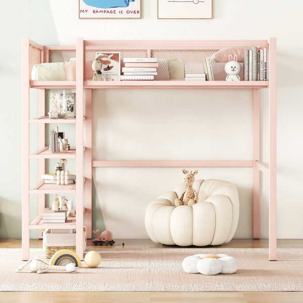 English Elm Full Size Metal Loft Bed with 4-tier Shelving Ladder for Kids or Teen Rooms Pink SF000247AAH