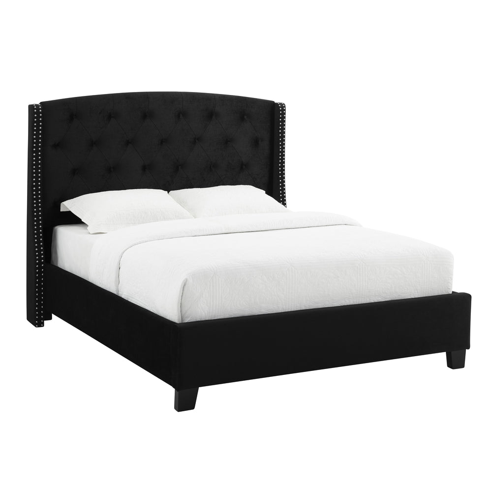 English Elm 1pc Queen Eva Upholstered Button-Tufted Demi-Wing Bed with Nailhead Trim, Vintage Black Wood Frame B011S00686
