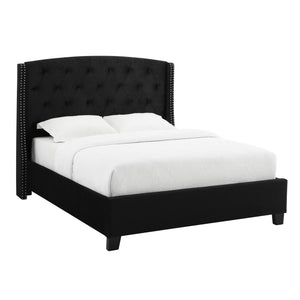 English Elm 1pc Queen Eva Upholstered Button-Tufted Demi-Wing Bed with Nailhead Trim, Vintage Black Wood Frame B011S00686