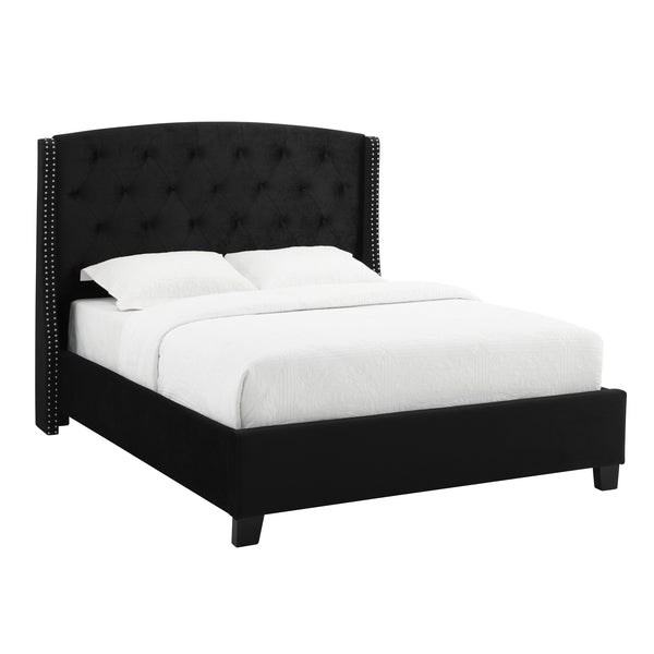 English Elm 1pc Queen Eva Upholstered Button-Tufted Demi-Wing Bed with Nailhead Trim, Vintage Black Wood Frame B011S00686