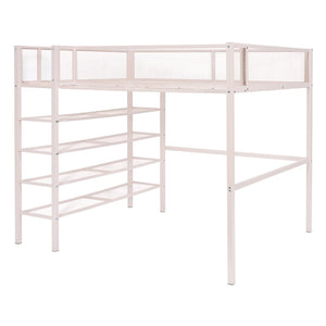 English Elm Full Size Metal Loft Bed with 4-tier Shelving Ladder for Kids or Teen Rooms Pink SF000247AAH