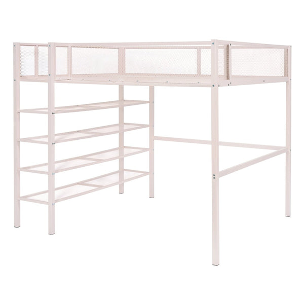 English Elm Full Size Metal Loft Bed with 4-tier Shelving Ladder for Kids or Teen Rooms Pink SF000247AAH