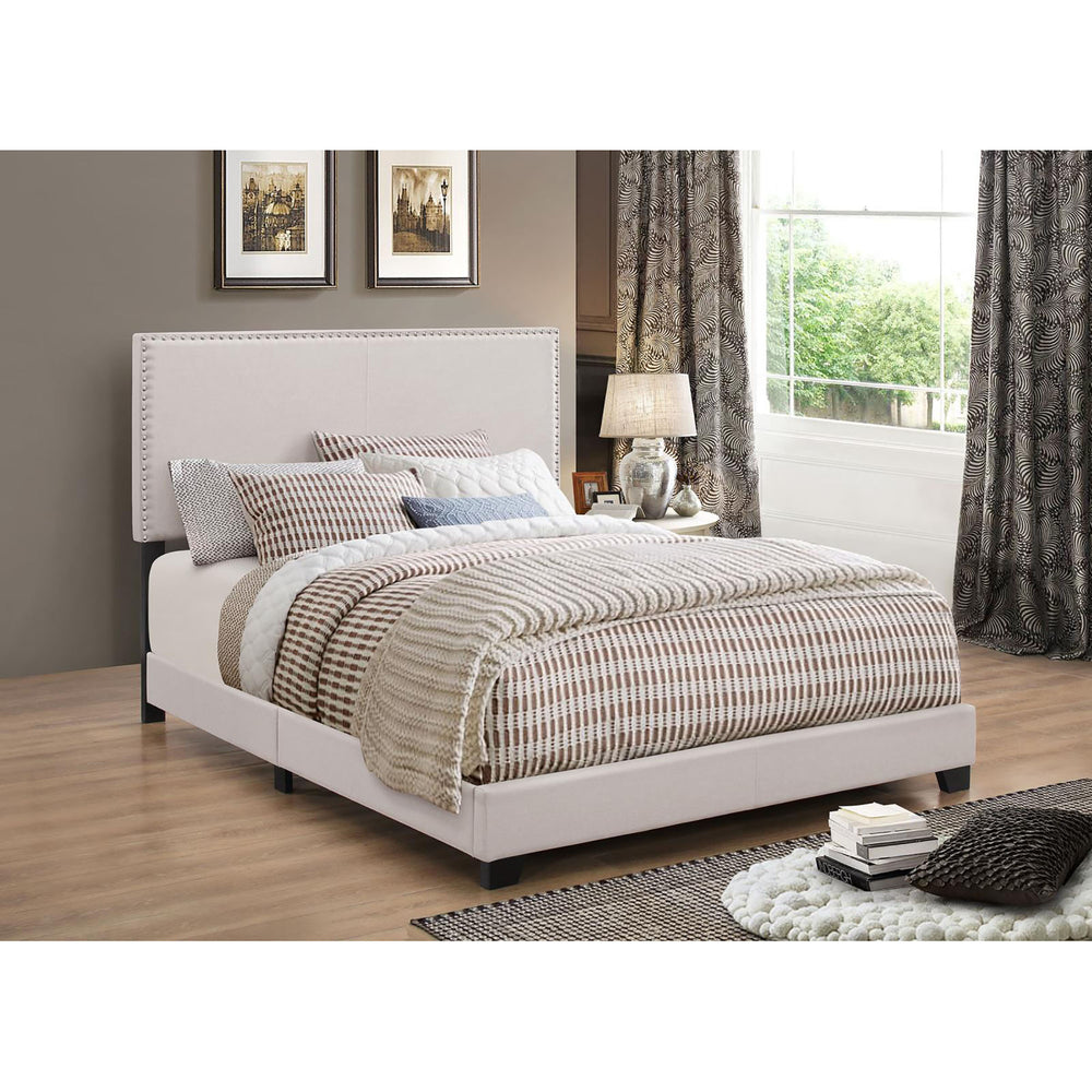 English Elm Ivory Transitional Full Bed with Chrome Nailhead Trim, Upholstered Polyester Headboard, Chic Design B062P153542