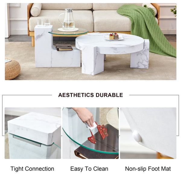 English Elm A marble textured MDF coffee table with side table — white, scratch‑resistant, easy‑clean, modern design (33.46x13.78x33.66) W1151132018