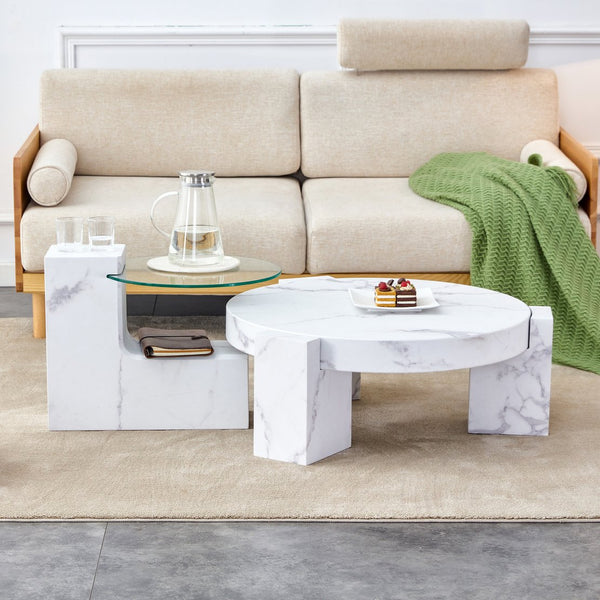 English Elm A marble textured MDF coffee table with side table — white, scratch‑resistant, easy‑clean, modern design (33.46x13.78x33.66) W1151132018