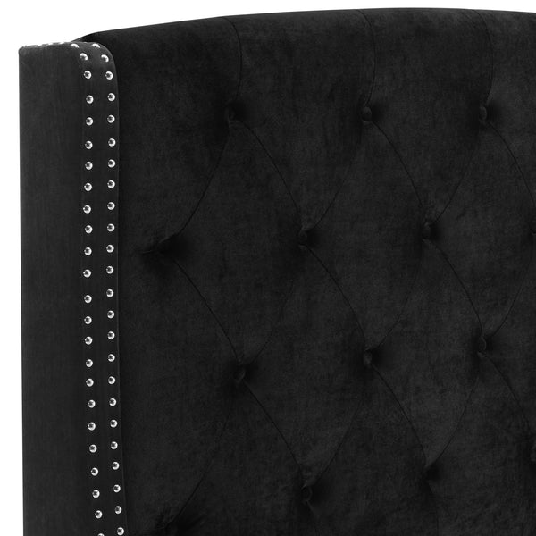 English Elm 1pc Queen Eva Upholstered Button-Tufted Demi-Wing Bed with Nailhead Trim, Vintage Black Wood Frame B011S00686