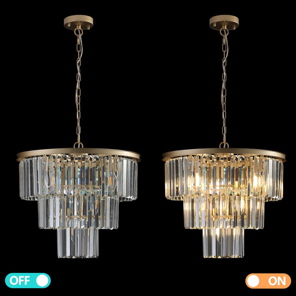 English Elm 20" Modern Crystal Chandelier Gold Finish — 7-Light 3-Tier K9 Crystal Pendant, Adjustable Height, Luxe Ambience W1340P143192