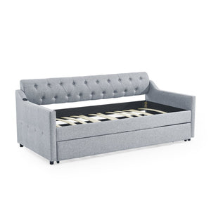 English Elm Twin Size Upholstered Daybed With Erectable Trundle, Usb Charging & Modern Linen Grey Design W1413S00026-GIGA